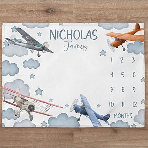 Airplane Blanket, Personalized Aviation Baby Boy Month Blanket, Clouds and Sky Blanket, Personazlized Baby Gift, HHQ63_BLKBB021_12