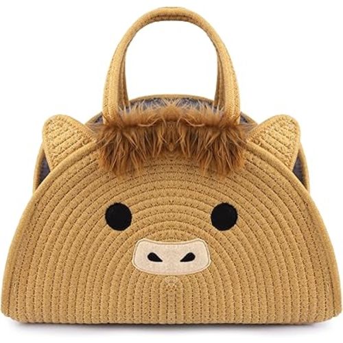 Highland Cute Cow Baby Diaper Caddy Organizer, Woven Cotton Rope Basket for Nursery, Portable Diaper Caddy Empty Gift Basket, Baby Wipes Shower Towels Storage Bins for Newborn Essentials