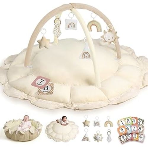 HAM-MM 5-in-1 Convertible Baby Play Gym with 6 Toys, Tummy Time Mat for Sensory Development, Baby Activity Center for Newborn & Toddler, Ball Pit, Cat & Dog Bed, Soft Pet Bed, No Ball Included Cream