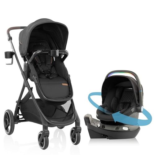 Evenflo Shyft Intuiti+ Travel System Featuring Revolve180 LiteMax NXT Preemie and Infant Car Seat with SensorySoothe and Green & Gentle (Jasper Black)