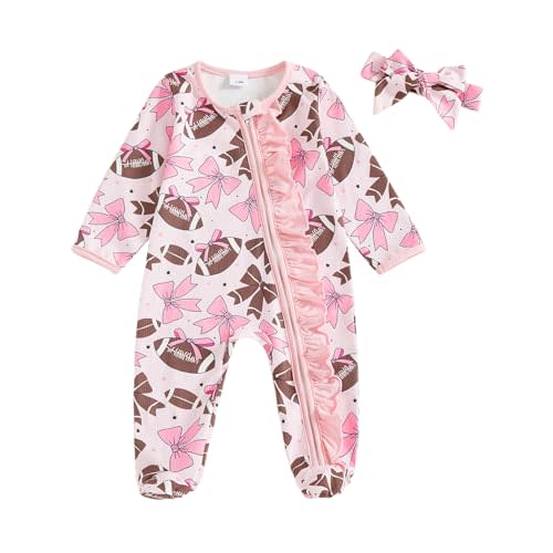 Newborn Baby Girl Football Outfit Game Day Zipper Jumpsuit Footie Romper Headband Coming Home Clothes Fall