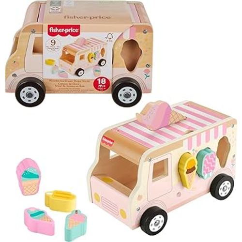 Fisher-Price Wood Toddler Toy Ice Cream Truck Shape Sorter Set, 8 Wooden Pieces for Developmental Play Kids Ages 18+ Months