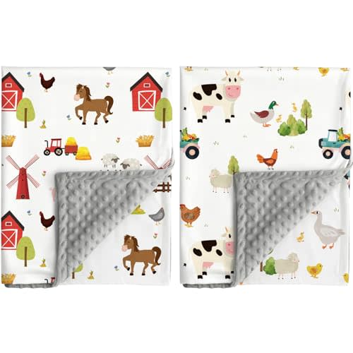 2 Pack Farm Animal Baby Blankets Unisex Soft Nursery Double Layer Minky Blanket with Dotted Backing for Newborn Toddlers Farmhouse Animasl Printed 30 X 40 Inch (Farm Animal)