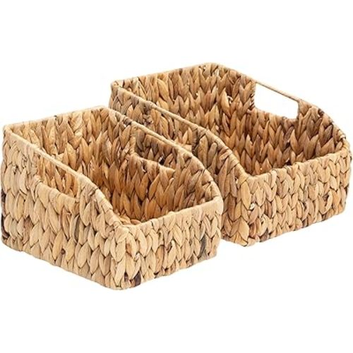 FairyHaus Wicker Baskets 2 Pack, Natural Large Wicker Baskets for Storage, Nesting Hand-woven Water Hyacinth Wicker Baskets for Organizing with Built-in Handles, 9"L x 11"W x 7"H