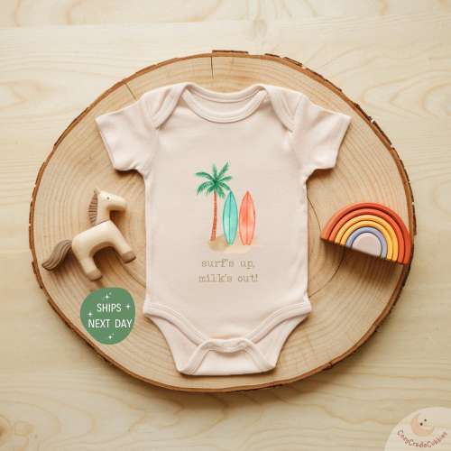 Surf's Up Milk's Out Baby Onesie®, Funny Surfer Baby Bodysuit, Summer Beach Baby Outfit, Cute Baby Shower Gift, Natural Baby Clothes