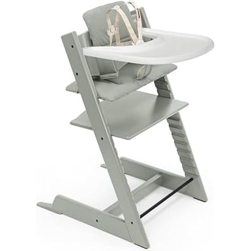 Stokke Tripp Trapp High Chair 2 (Glacier Green), Cushion 2 (Glacier Green) + Stokke Tray (White) - Includes Chair + Baby Set 2 with Removable Harness for Children 6-36 Months