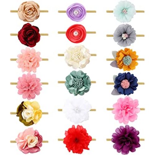 Cinaci 18 Pack Colorful Daisy Rose Flower Hair Bows Chiffon Flowers Baby Headbands Handmade Floral Bow Elastic Stretchy Nylon Hair Bands Accessories for Baby Girls Newborns Infants Toddlers Kids Teens