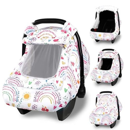Winter Car Seat Cover Baby with Sunshade & Dual Zipper Windows - Minky Bubble Lined Windproof Soft Shell, Warm Newborn Car Seat Canopy Covers, Elastic Bottom for Stroller & Infant Car Seat, Rainbow