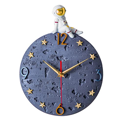 Space Theme Wall Clock, Astronaut Moon Wall Clock, 12 Inch Grey Modern Silent Clock for Kids Room Nursery Living Room Bedroom Kitchen Decor, for Children Boys and Girls Gift