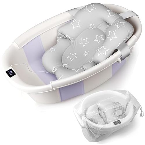 Baby Bathtub, Baby Bath Tub with Thermometer & Soft Cushion, Collapsible Infant Bathtub for Newborn to Toddler 0-36 Months, Quick Use & Portable for Travel(Purple)