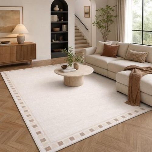 Off White 5'x7' Modern Checkered Border Area Rug, Washable Low Pile Non Slip Carpet, Soft Indoor Rugs for Living Room Bedroom Kitchen Entryway