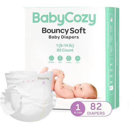 Babycozy Bouncy Diapers for Sensitive Skin, Hypoallergenic Disposable Plain White Diapers Without Chlorine, Soft Diaper for Baby&Infant&Preemie, Size 1(8-14lb) 82 Count