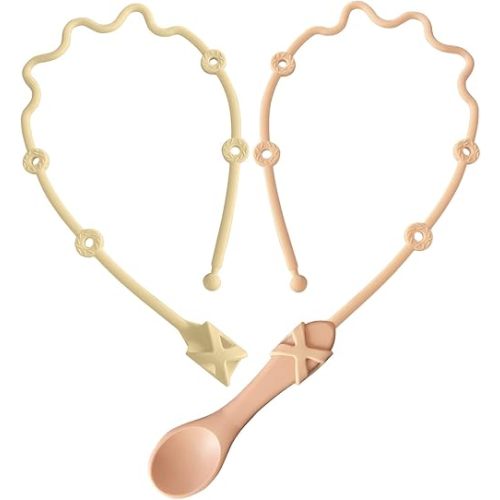 Pacifier Clip Toddler Utensils Holder Straps 2PK Self Feeding Baby Utensils Highchair Accessories-Gelinor Feeding Aid for Keep Spoon Close at Hand and Off The Ground(Pink and Beige)-No Spoon