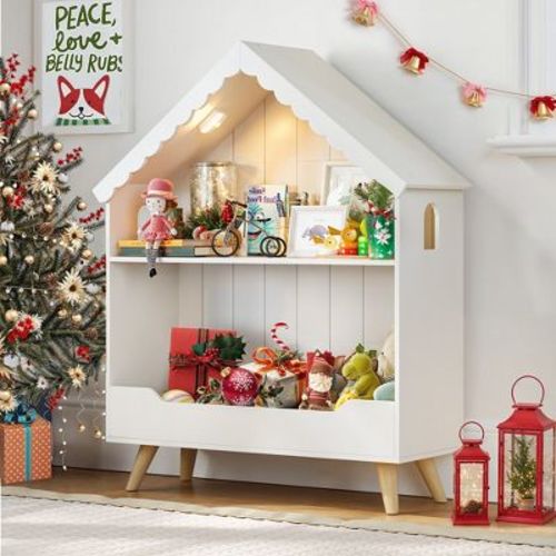 Arceso Kids Dollhouse Bookshelf, Bookcase with Motion-Activated Light, 2-Tier Toy & Book Display