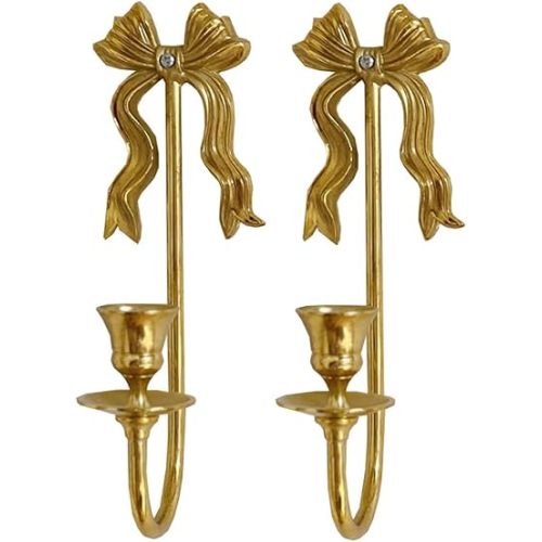 Solid Brass Wall Sconce Candle Holder Pack of 2,9" H Bow-Knot Decoration Wall Mounted Candle Sconces,Gold (1 Set)
