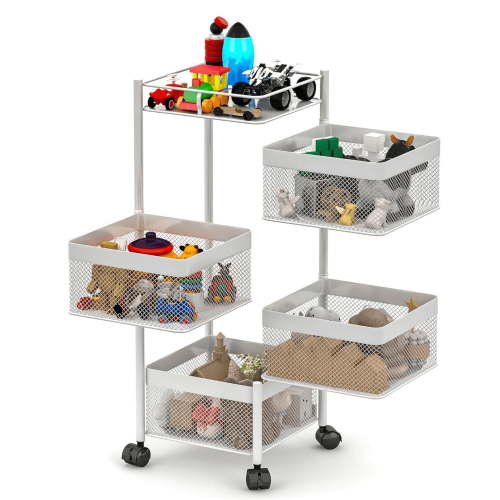 Simpli Furnished LLC Square 4-Tier Rotating Metal Storage Basket, Kitchen, Bathroom, Office w/Wheels, White