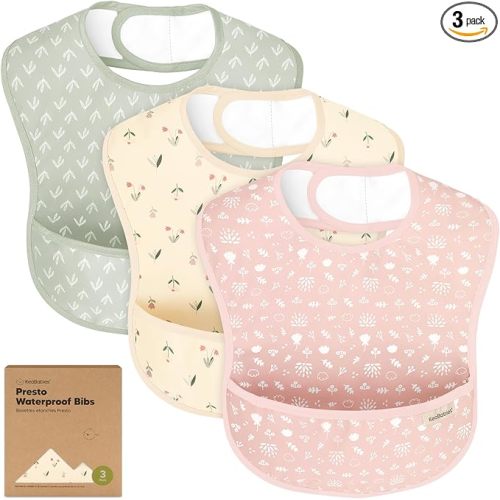 3-Pack Waterproof Baby Bibs for Eating - Lightweight Toddler Feeding Bibs with Large Food Catcher, Mess Proof, Food-Grade Baby Eating Essentials, Easy to Put On & Clean (Fleur)