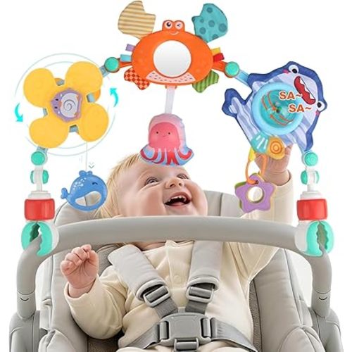Baby Stroller Arch Toy, Newborns Sensory Activity Arch Toy with Teethers, Rattle, Mirror & Windmill, Crib Car Seat Toys for Infants Toddlers 0-12 Months, Developmental Gifts for Boys Girls