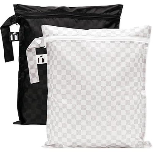 Bumkins Roamio - Waterproof Wet Bag - For Baby, Travel, Swim Suit, Cloth Diapers, Pump Parts, Pool, Gym, Toiletry, Strap to Stroller - Reusable & Easy to Clean - 2pk - Black Check & Off White