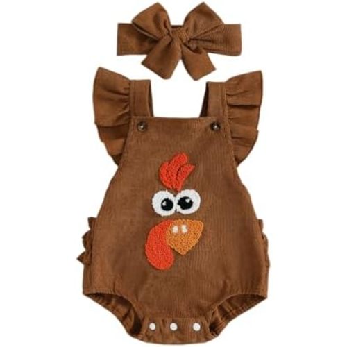 Karuedoo Newborn Baby Girl Thanksgiving Outfit Turkey Embroidery Ruffle Sleeveless Romper Backless Bodysuit with Headband