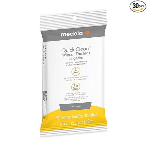 Medela Quick Clean Wipes for On-The-Go Cleaning of Breast Pumps, Accessories, and Various Surfaces, Plant-Based, Resealable, 1 Pack of 30
