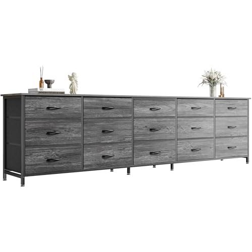 Huuger 78.7 inch Long Dresser for Bedroom, 15 Drawer Fabric Dresser for Closet, Large TV Stand for 65, 75, 85 inch TV, Wide Chest of Drawer with Storage, 78.7" W x 12.9" D x 26.7" H, Grey