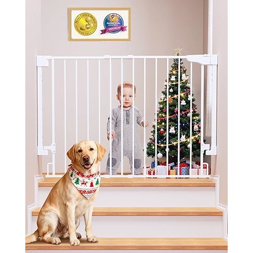 Cumbor 29.2–43" Baby Gate for Stairs, Wall-Mounted (Drill Required), Expandable No Bottom Bar Dog Gate, Auto Close Extra Wide Walk Thru, Pet & Toddler Proof Gate, Top & Bottom of Stairways (White)