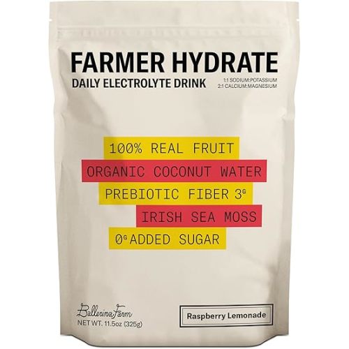 Ballerina Farm Farmer Hydrate, Daily Electrolytes Powder, Raspberry Lemonade, Hydration Drink Mix with Organic Coconut Water, Irish Sea Moss, Sea Salt, Prebiotic Fiber, No Added Sugar, 25 Servings