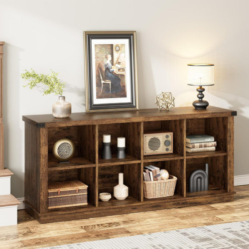 Gracie Oaks 8 Cube Storage Organizer Bookshelf, 3 Tier Farmhouse Horizontal Bookcase, 62 Inch Wood Storage Bookcase for Entryway, Long Low Bookshelves for Living Room | Wayfair