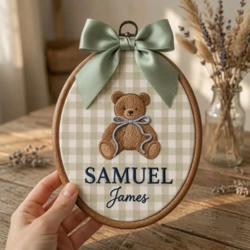 Personalized Baby Bear Name Embroidery Hoop, Teddy Baby Nursery Name Wall Decor, Custom Baby Shower Wall Art, Newborn Name Announcement Gift