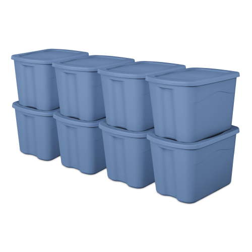 Sterilite Large Storage Bin, 18 Gallon Durable Plastic Storage Tote with Snap-on Lid, Light Blue, 8 Pack