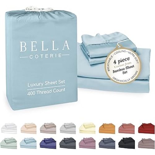 Bella Coterie Luxury Bamboo Viscose Queen Size Sheet Set | 100% Organically Grown | Ultra Soft | Cooling for Hot Sleepers | 18" Deep Pocket [Coastal Blue]