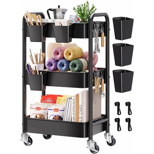 3 Tier Rolling Cart Metal with Wheels,Black Three Tiered Dorm Storage Carts