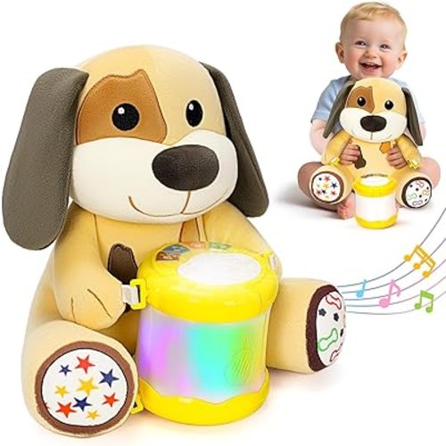 V-Opitos Stuffed Dog Musical Toys for Baby 6-12 Months+, Early Learning Light up Music Drum, Perfect Christmas Birthday Gifts for Boy & Girl Age 1, 2 Years Old