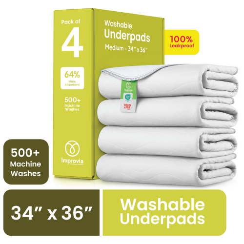 Improvia Washable Bed Pads for Incontinence, Waterproof Reusable, 34 x 36 in, 4-Pack (White & White)