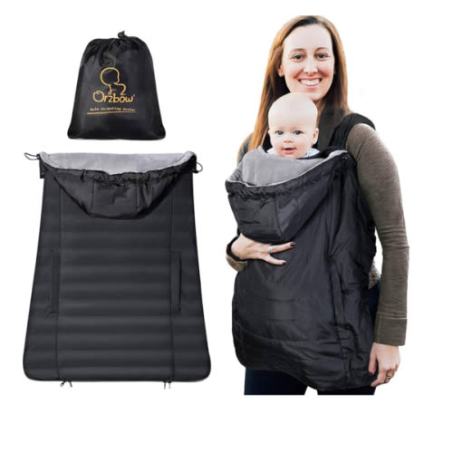 Orzbow Winter Baby Carrier Cover with Detachable Hood, Waterproof & Windproof, Universal for Baby Carriers and Baby Waist Stool, Baby Bunting Bag for Car Seats and Strollers with Storage Bag, Black