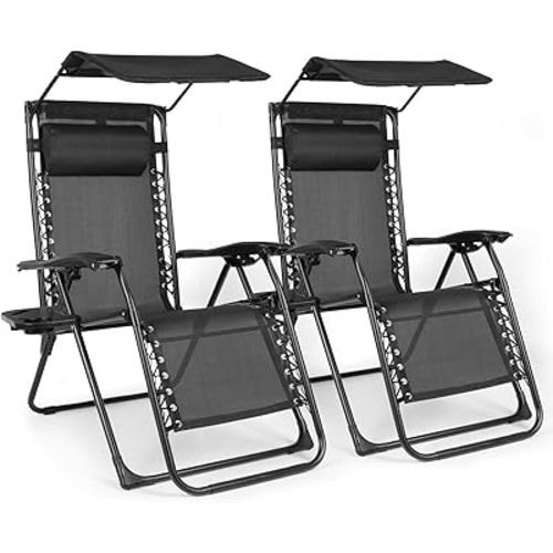 Zero Gravity Chairs Set of 2, Oversized Outdoor Recliner Patio Lounge Chair with Canopy Shade, Foldable Outdoor Lounger with Cup Holder Tray for Backyard Beach Camping, Black