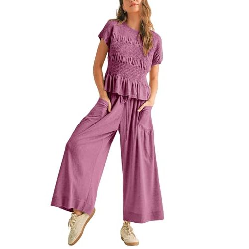 Antnation Womens 2 Piece Smocked Top Wide-Leg Pants Set High-Waisted Lounge Outfit with Pockets Casual Boho Matching Set