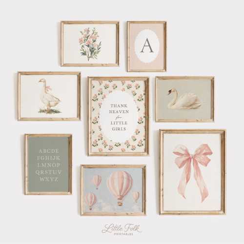 Vintage Girl Nursery Wall Art, Cottagecore Nursery Prints, Pink and Sage Girls Room Decor