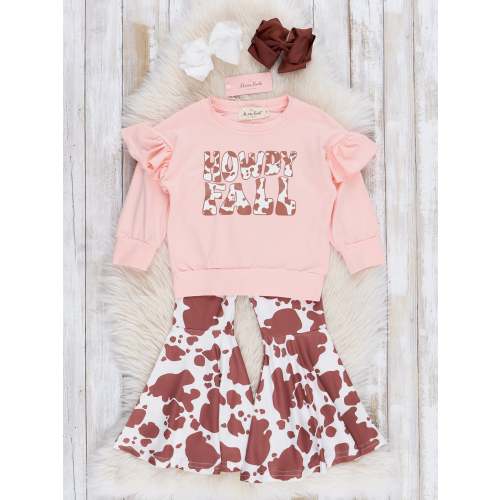 Pink & Brown "Howdy Fall" Cow Print Bell Bottoms Outfit