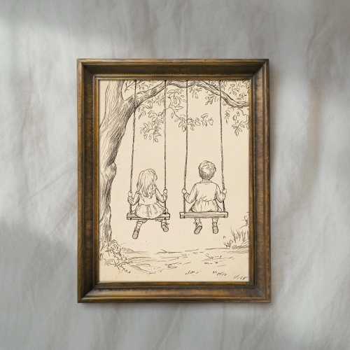 Kids Swinging Drawing | Vintage Nursery Wall Artwork | Childhood Playroom Decor Sketch | Mailed Print