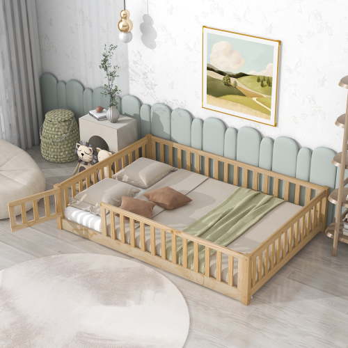 PAPROOS Full Size Floor Bed, Solid Wood Floor Platform Bed with Slat, Fence Guardrail and Door, No Box Spring Needed, Toddler Bed Montessori Bed, Full Bed Frame for Kids, Boys, Girls, Natural