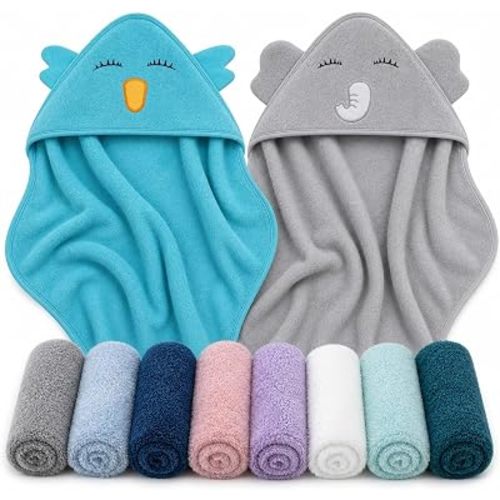 Cute Castle 2 Pack Hooded Baby Towel Rayon Made from Bamboo and 8 Washcloths - Lovely Elephant, Happy Bird