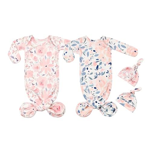 Vollmic Newborn Baby Knotted Gown Sleeper Gown with Mittens Long Sleeve Nightgown Baby Coming Home Outfit with Hat 2 Pieces