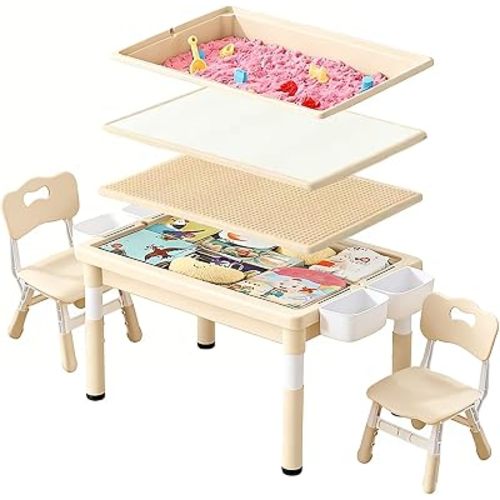 Kids Sand and Water Table, Toddler Activity Table with Storage Bins, Multi-Functional Play Table for Drawing, Building Blocks, Sensory Play, Indoor Outdoor Toy for Boys Girls (White & Natural)