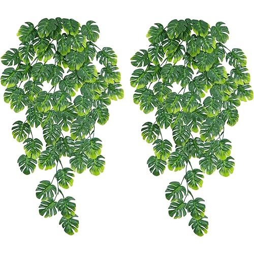 Dolicer 2 Pack Artificial Hanging Plants, Fake Hanging Monstera Leaves Greenery Tropical Palm Leaves Ivy Vine, UV Resistant Outdoor Jungle Hanging Plants for Home Garden Hawaiian Party Office Décor
