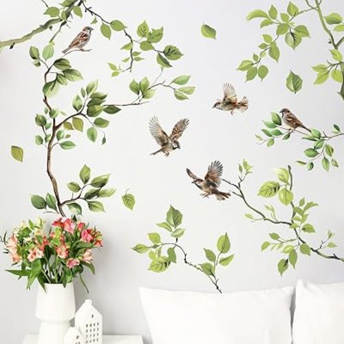 Mfault Branch Leaves Bird Wall Decals Stickers, Sparrow Plant Botanical