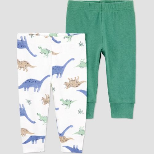 Carter's Just One You®️ Baby Boys' 2pk Pants - Green/White Newborn: Cotton, Slim Fit, Dinosaur Pattern, Pull-On Style