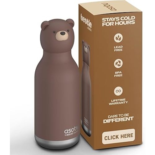 asobu Bestie Bottle Insulated Stainless Steel Water Bottle with Detachable Soft Animal Head Fun Drinking For Kids and Teens with Flexible Reusable Straw 16 Ounce (Brown Bear)