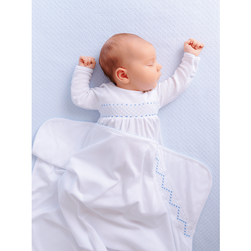Sweetly Smocked Blessing Blanket - Worth Avenue White with Buckhead Bl